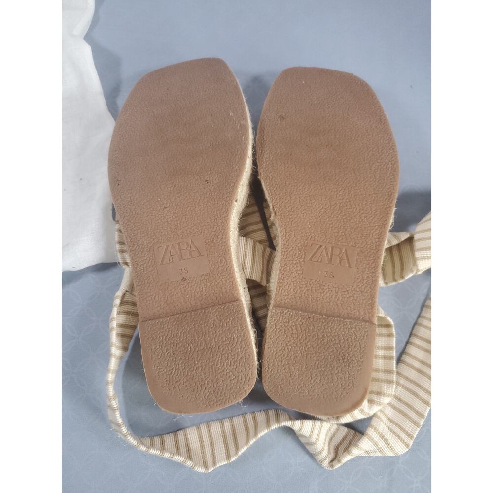 ZARA Striped Espadrille Sandals Women Size 7.5 Lace Up Ankle Tie Flat Jute Boho - Picture 12 of 14